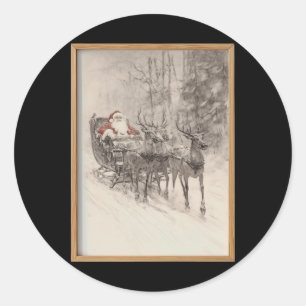 Vintage Santa Sleigh Xmas Forest Sketch  Classic Round Sticker