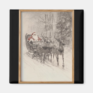 Vintage Santa Sleigh Xmas Forest Sketch Magnet
