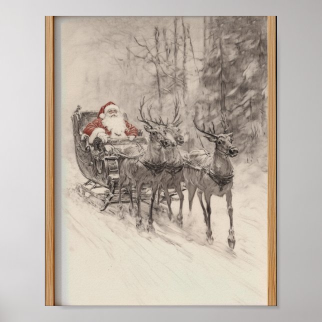 Vintage Santa Sleigh Xmas Forest Sketch  Poster (Front)