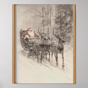 Vintage Santa Sleigh Xmas Forest Sketch T Shirt  Poster