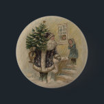 Vintage Santa Snow Christmas Tree 6 Cm Round Badge<br><div class="desc">A Snowy Christmas - This vintage Christmas card is based on an old-fashioned postcard from the late 1800s,  which features wonderful old image of Santa carrying a Christmas tree.</div>