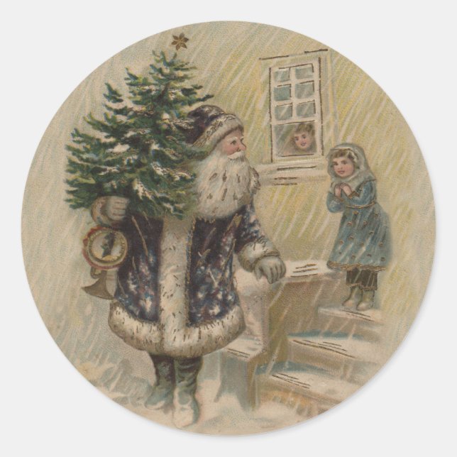 Vintage Santa Snow Christmas Tree Classic Round Sticker (Front)