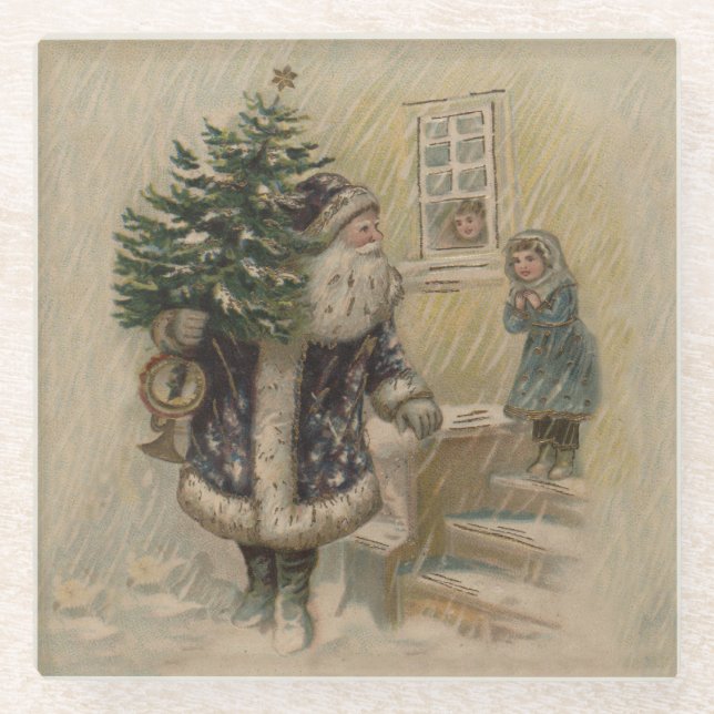 Vintage Santa Snow Christmas Tree Glass Coaster (Front)