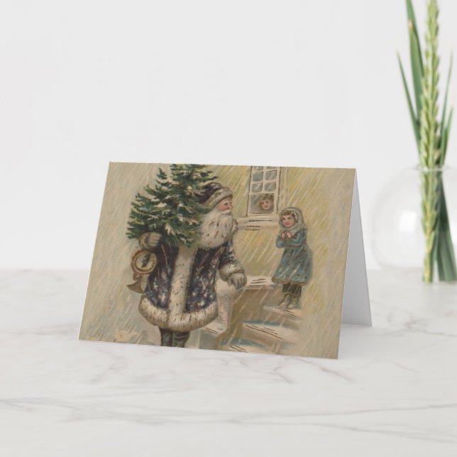 Vintage Santa Snow Christmas Tree Holiday Card (Front)