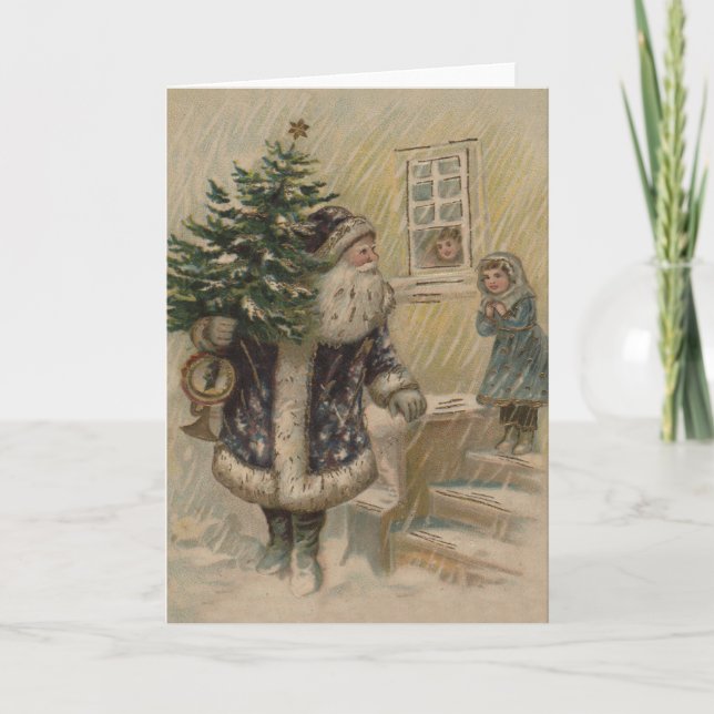 Vintage Santa Snow Christmas Tree Holiday Card (Front)