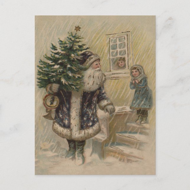 Vintage Santa Snow Christmas Tree Holiday Postcard (Front)