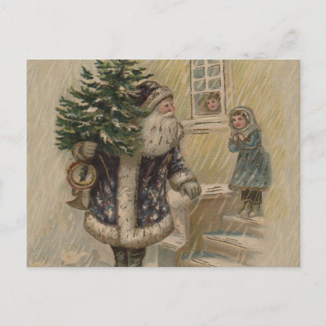 Vintage Santa Snow Christmas Tree Postcard (Front)