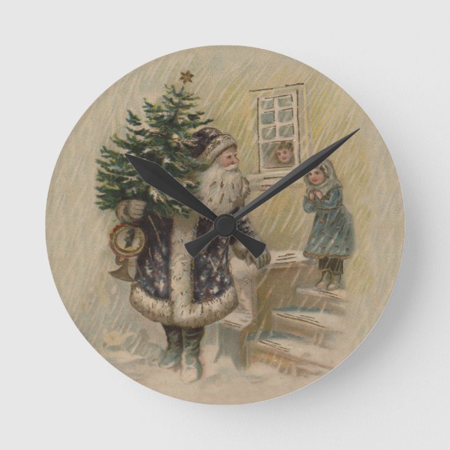 Vintage Santa Snow Christmas Tree Round Clock (Front)