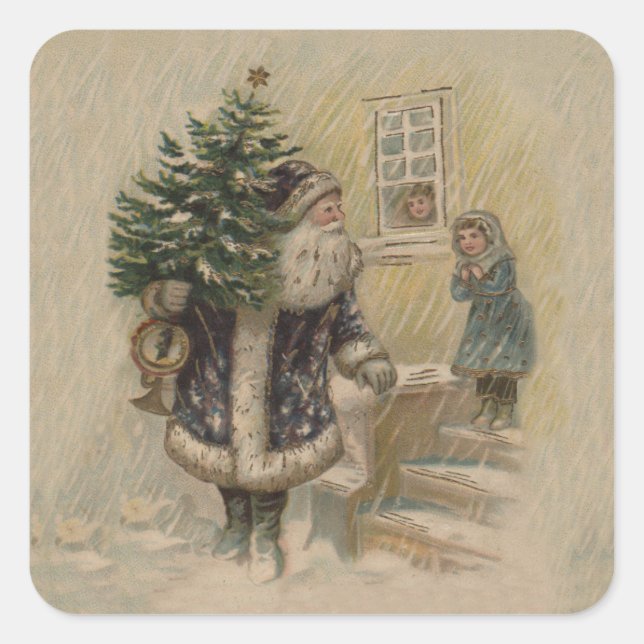 Vintage Santa Snow Christmas Tree Square Sticker (Front)