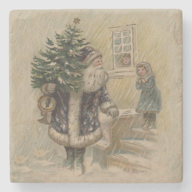 Vintage Santa Snow Christmas Tree Stone Coaster (Front)