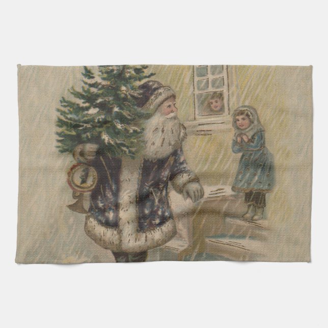 Vintage Santa Snow Christmas Tree Tea Towel (Horizontal)