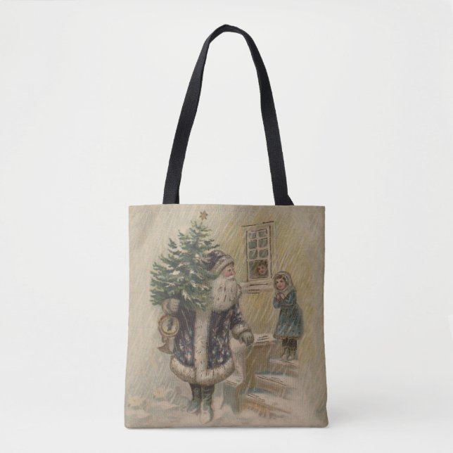 Vintage Santa Snow Christmas Tree Tote Bag (Front)