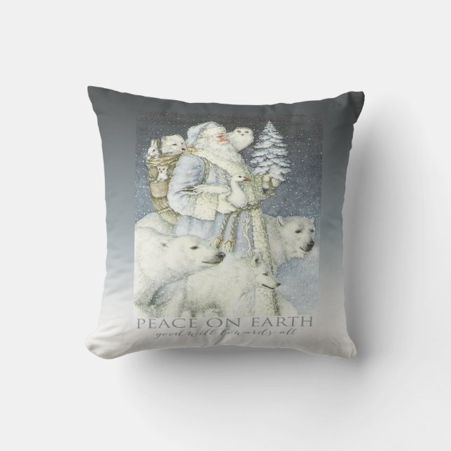 Vintage Santa Snowy Forest Winter Animals Cushion (Front)