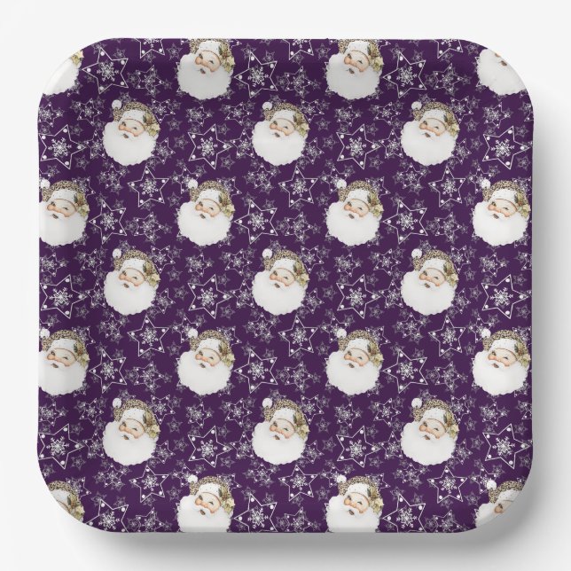 Vintage Santa & Stars Paper Plate (Front)