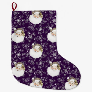 Vintage Santa & Stars Purple Large Christmas Stocking