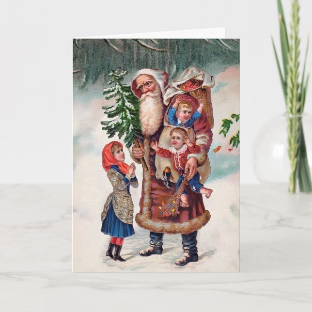 Vintage Santa Taking Children Holiday Card (Front)