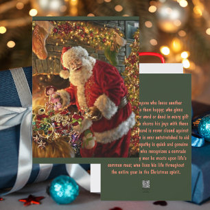 Vintage Santa Under Gold Lights Fireplace Holiday Card