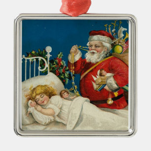 Vintage Santa Visits A Sleeping Child Metal Tree Decoration