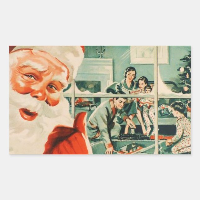 Vintage Santa Watching Family On Christmas  Rectangular Sticker (Front)