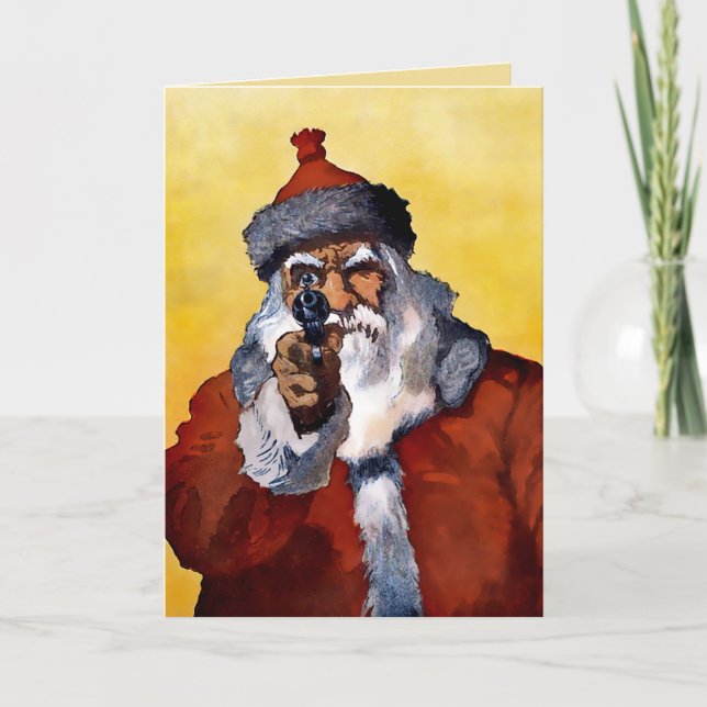 Vintage Santa with a Gun Christmas Card (Front)