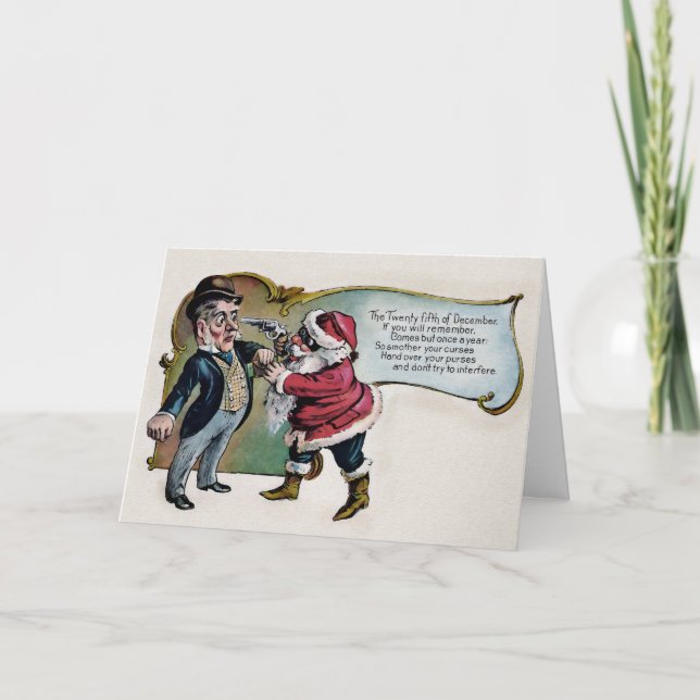 Vintage Santa with a Gun Christmas Card (Front)