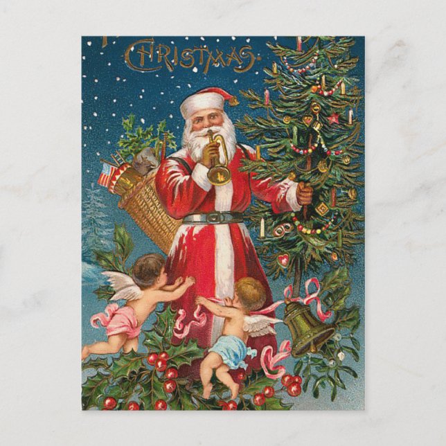 Vintage Santa with Angels Holiday Postcard (Front)
