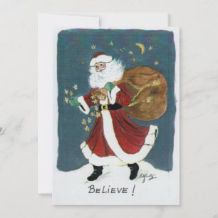 Vintage Santa with Bag Watercolor Drawing Believe Holiday Card