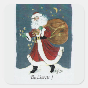 Vintage Santa with Bag Watercolor Drawing Believe  Square Sticker
