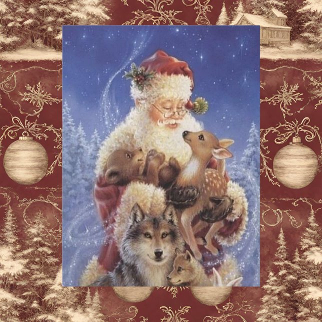 Vintage Santa with Bear Deer and Wolf Postcard (Santa Claus Postcard)