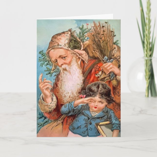 Vintage Santa with Birch Sticks Christmas Card (Front)
