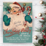 Vintage Santa with Candy Cane Christmas Party Invitation<br><div class="desc">This mid-century vintage Christmas party invitation features jolly Santa Claus with red hat and blue-green mittens holding a candy cane and waving hello with "Holiday Wishes".</div>