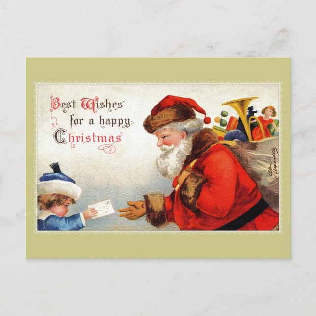 Vintage Santa with child and Christmas wishes Postcard (Front)