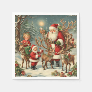 Vintage Santa with Children, Reindeer and Gifts  Napkin