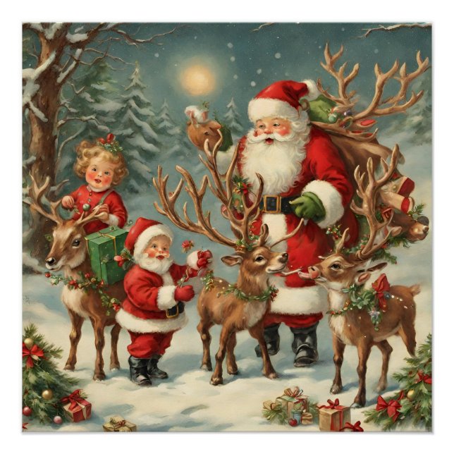 Vintage Santa with Children, Reindeer and Gifts  Poster (Front)