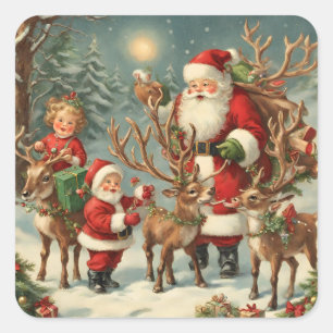 Vintage Santa with Children, Reindeer and Gifts  Square Sticker