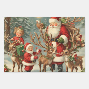 Vintage Santa with Children, Reindeer and Gifts  Wrapping Paper Sheet