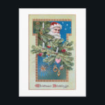 Vintage Santa with Decorated Christmas Tree Postcard<br><div class="desc">Festive and whimsical vintage holiday design featuring old world Father Christmas peeking out from the branches of a decorated pine tree on blue background with gold border. Back features unique custom complementary graphics with editable text fields.</div>