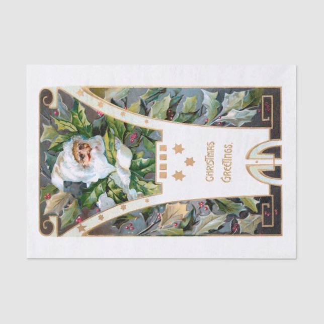 Vintage Santa with Holly & Gold Stars Tissue Paper (Front)