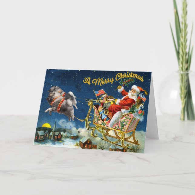 Vintage Santa with Keeshond Team Holiday Card (Front)