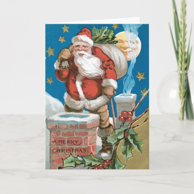 Vintage Santa with Moon Holiday Card (Front)