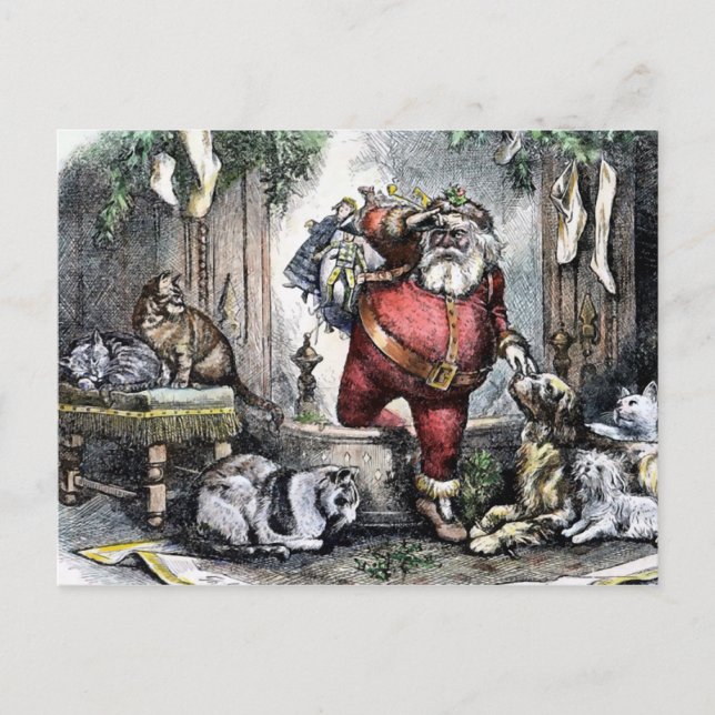 Vintage Santa with Pets Christmas Postcard (Front)