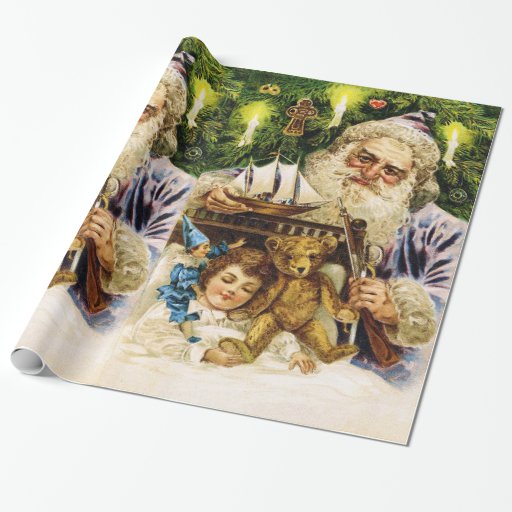 Image of Vintage Santa with Teddy and Ship Wrapping Paper