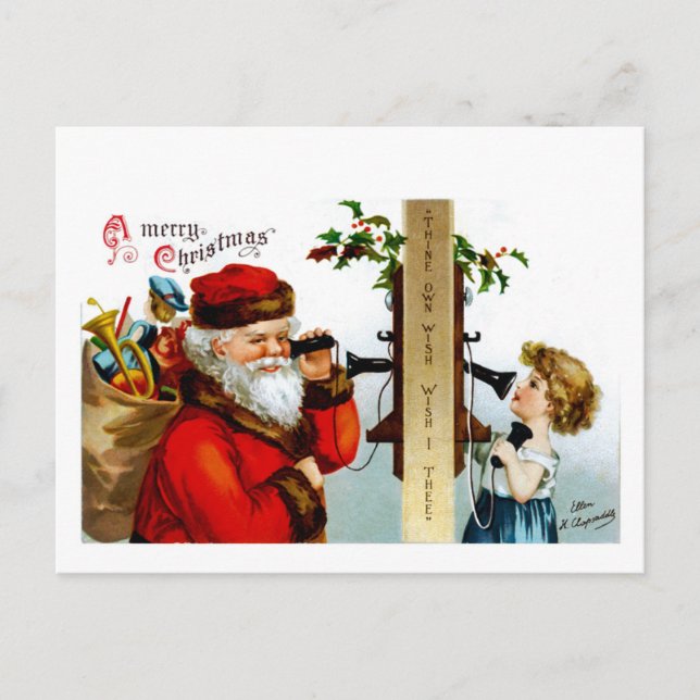 Vintage Santa with Telephone Holiday Postcard (Front)