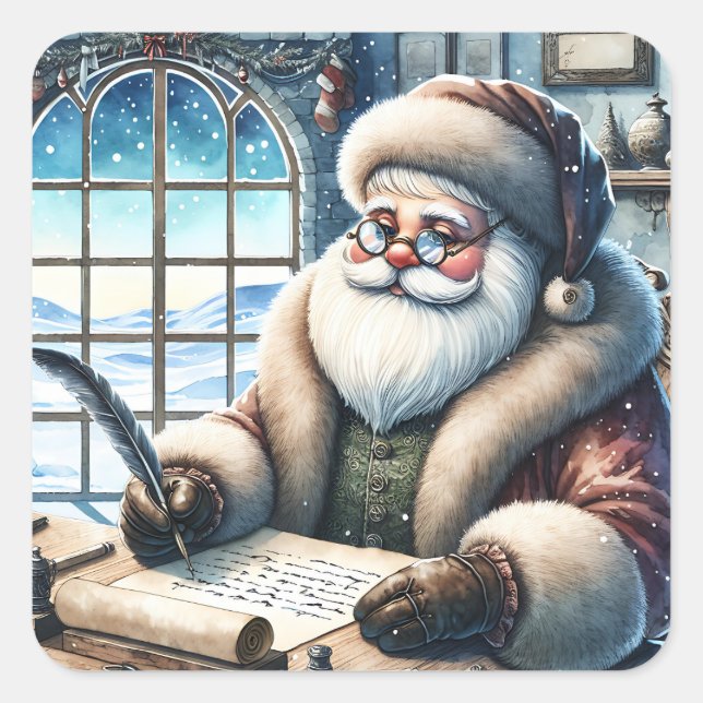 Vintage Santa Writing Christmas Letters Square Sticker (Front)