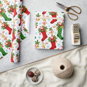 Vintage Santas In Stockings Small Scale Wrapping Paper
