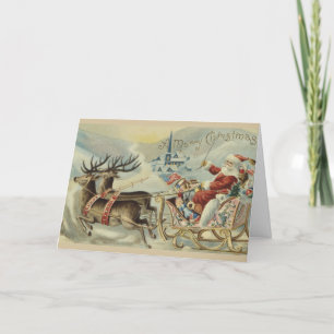 Vintage Santa's Sleigh with American Flags, Holiday Card