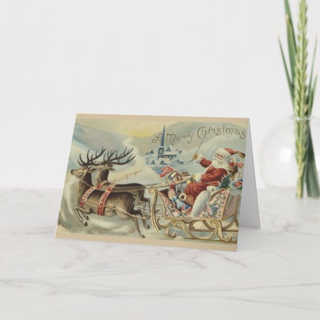 Vintage Santa's Sleigh with American Flags, Holiday Card (Front)