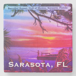 Vintage Sarasota, FL Beach Sunset - Gulf of Mexico Stone Coaster