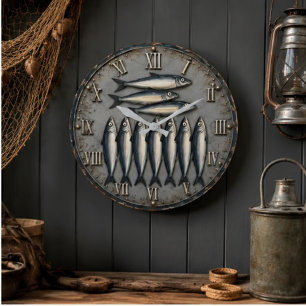 Vintage Sardines Coastal Fishing Kitchen Large Clock