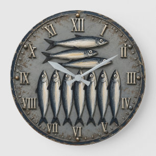 Vintage Sardines Coastal Fishing Kitchen  Large Clock